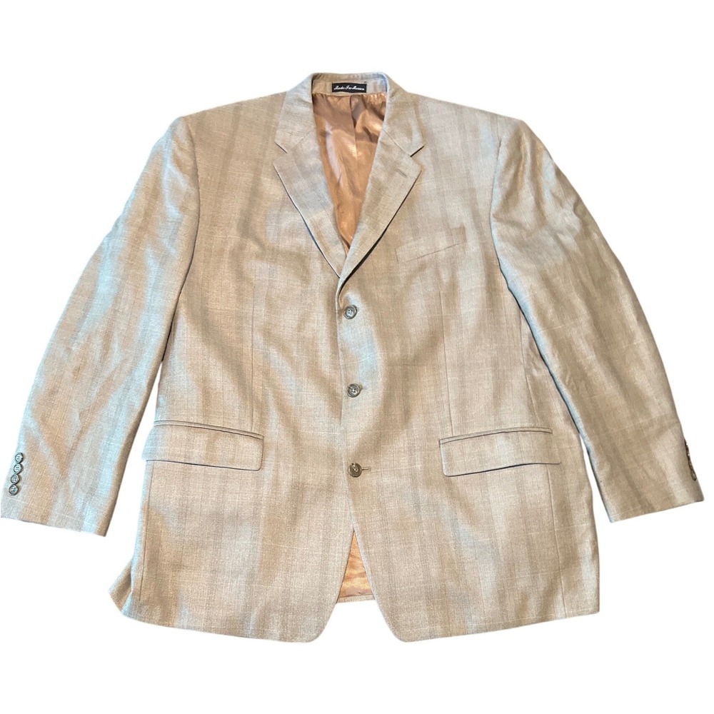 Calvin Klein Mens 46R Silk Wool Herringbone Blazer Tan Beige 3 Button Sport Coat